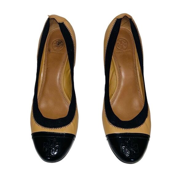 Tory Burch Shoes - TORY BURCH Women's Tan Black Leather Block Heel Pump Shoes 10M